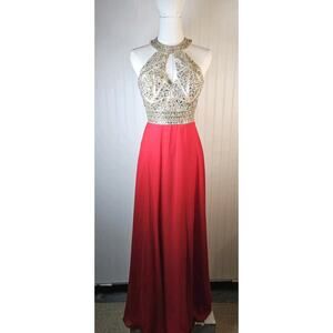 Renaissance A-Line Beaded Red Chiffon Prom Gown Women’s Size 4 Formal Beaded